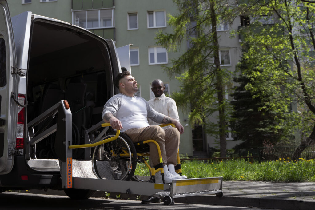 full shot disabled man getting out car full shot disabled man getting out car