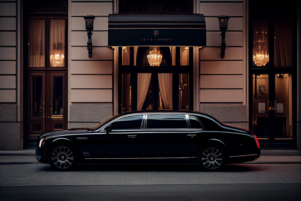luxury car speeds by modern building dusk generative ai