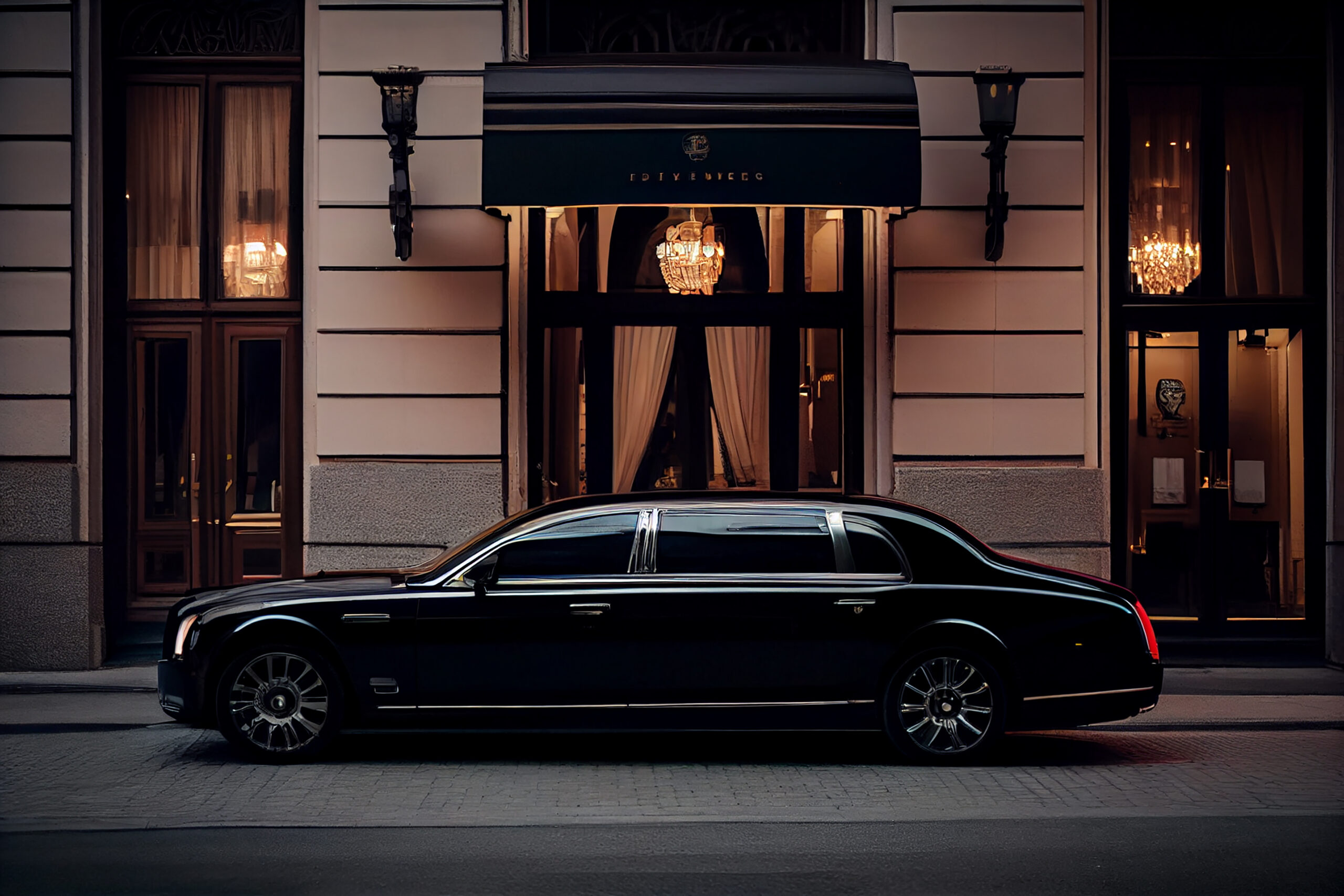 luxury car speeds by modern building dusk generative ai